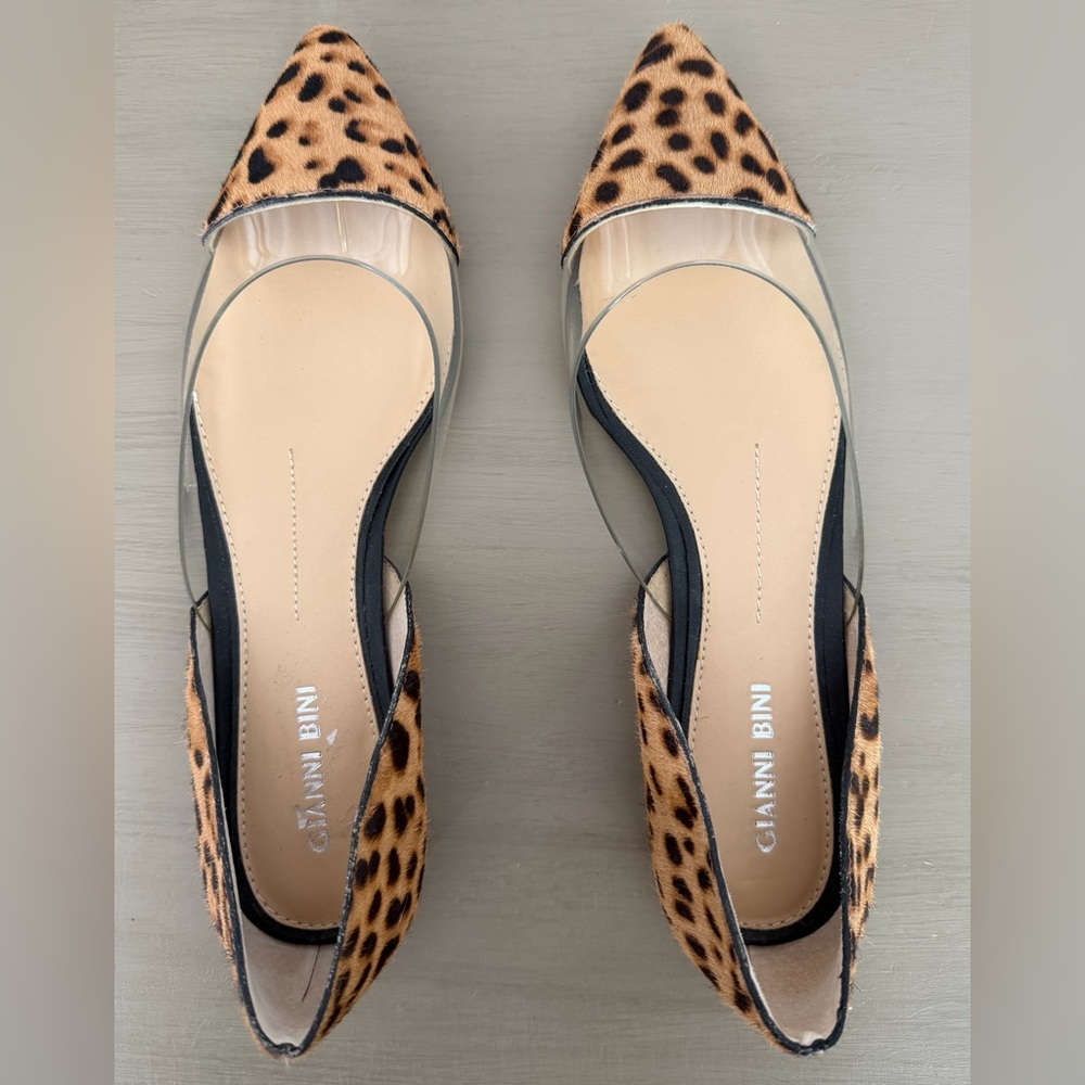 Gianni Bini Leopard Print Dyed Calf Hair Pointed Flats with Clear Sides